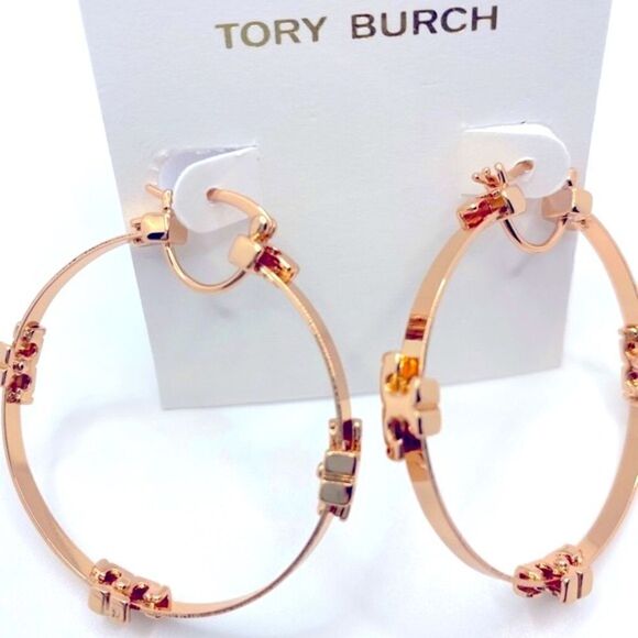 New Tory Burch Rose Gold Logo Light Weight Hoop Earings - Picture 1 of 9